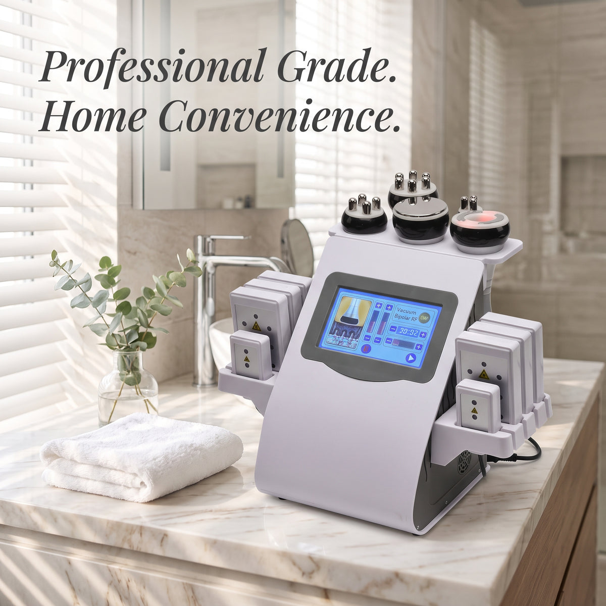 Litevisage 6-in-1 desktop contouring machine set up on a minimalist white marble vanity beside neutral spa decor.
