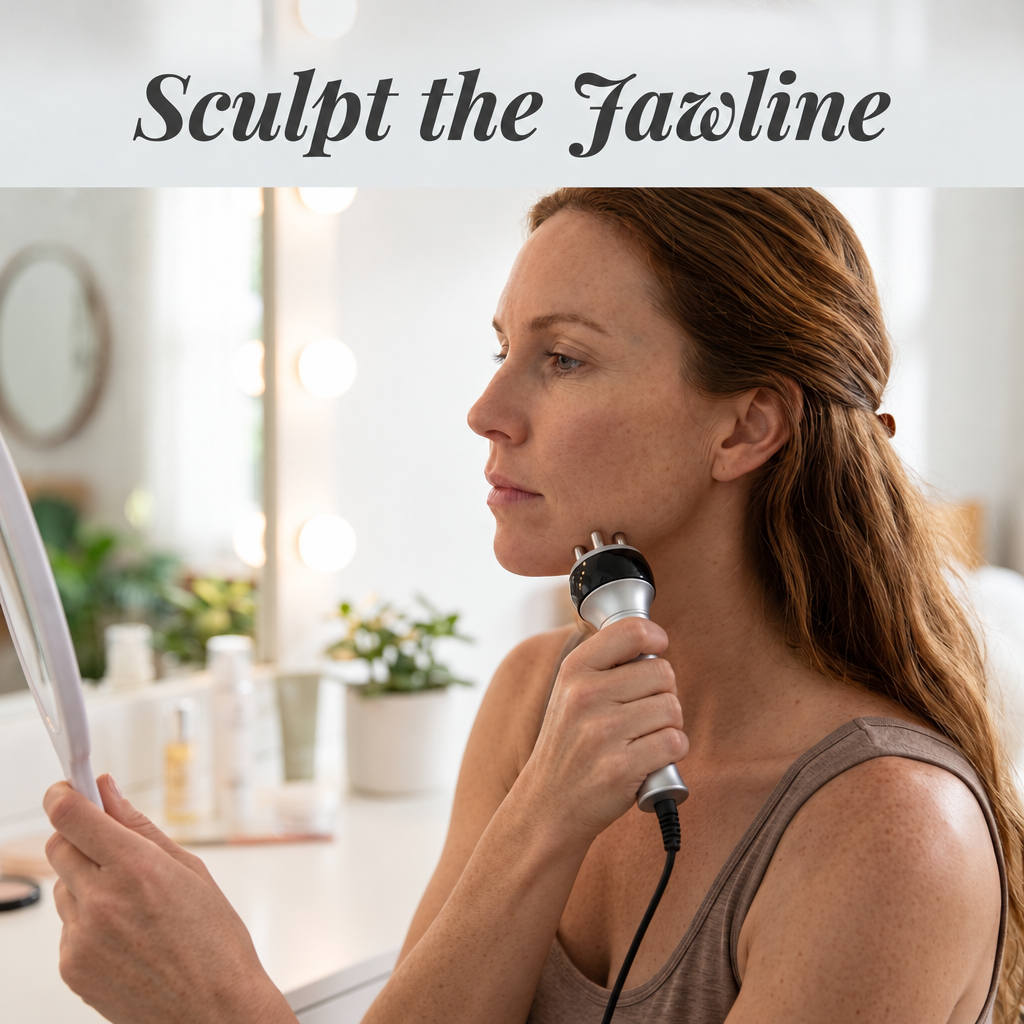 Firming and lifting the lower jawline and neck contours using the 4-contact quadrupole radiofrequency probe.