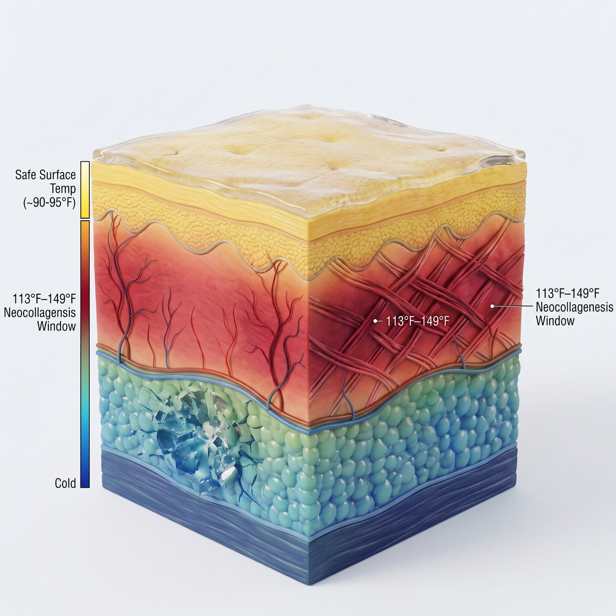 Infographic displaying the 113 to 149 degrees Fahrenheit optimal dermal thermal window for neocollagenesis.