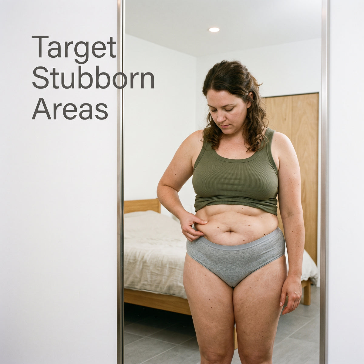 Woman examining localized stubborn abdominal fat prior to cavitation routine.