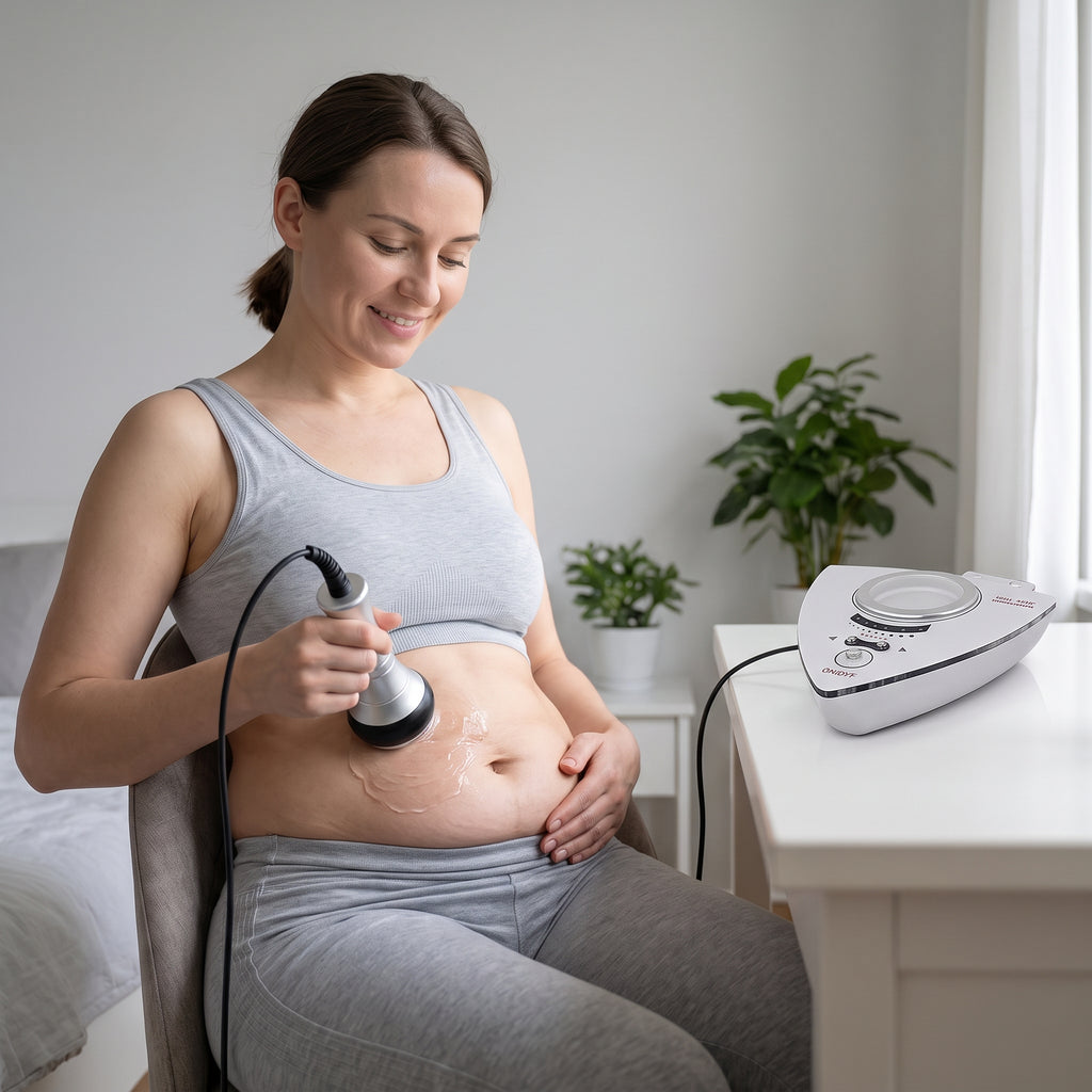 Woman using the 40k cavitation handpiece on her abdomen at home.